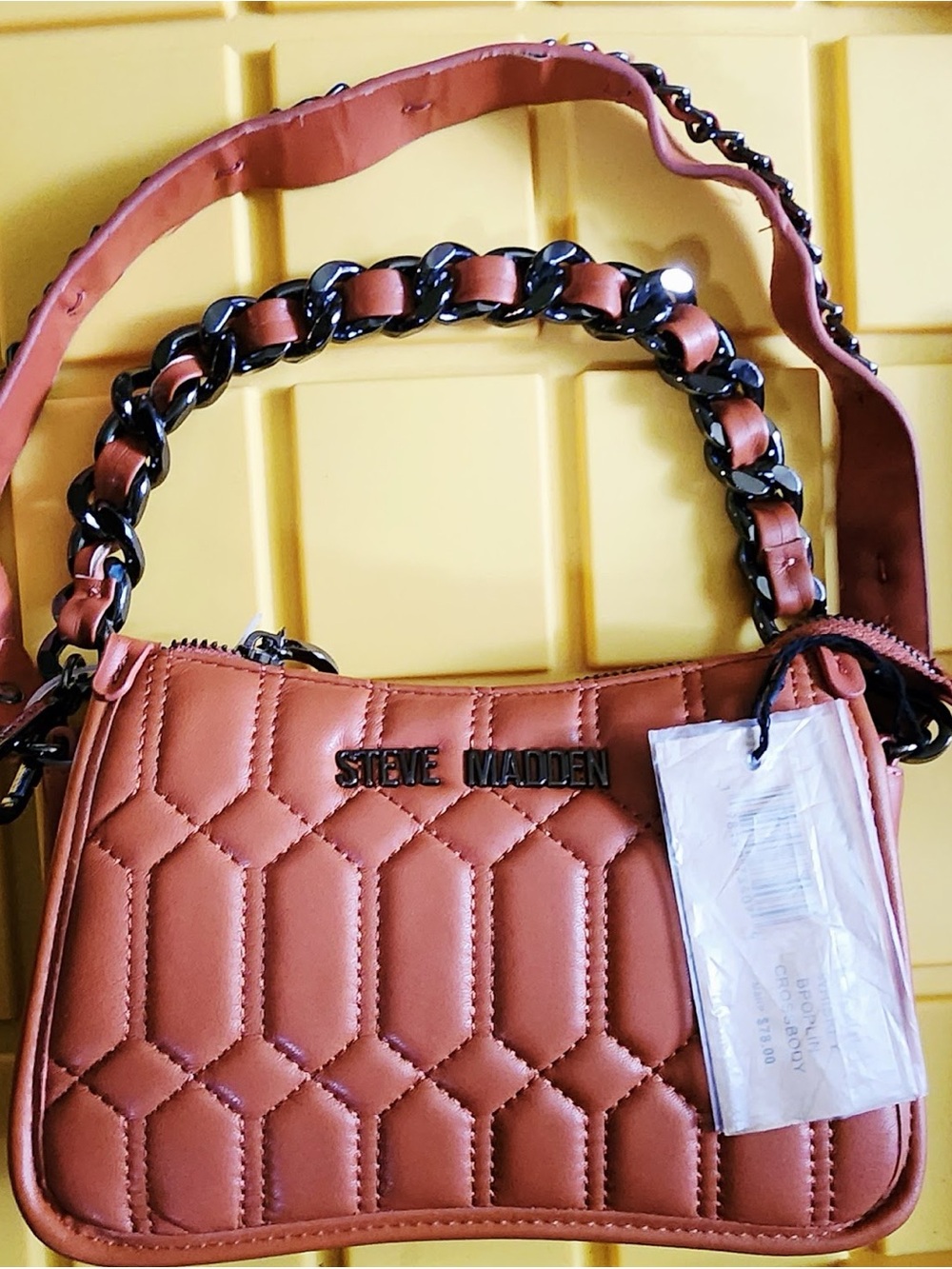 Steve Madden Quilted Crossbody Bag in Rust Brown with Gunmetal Chain